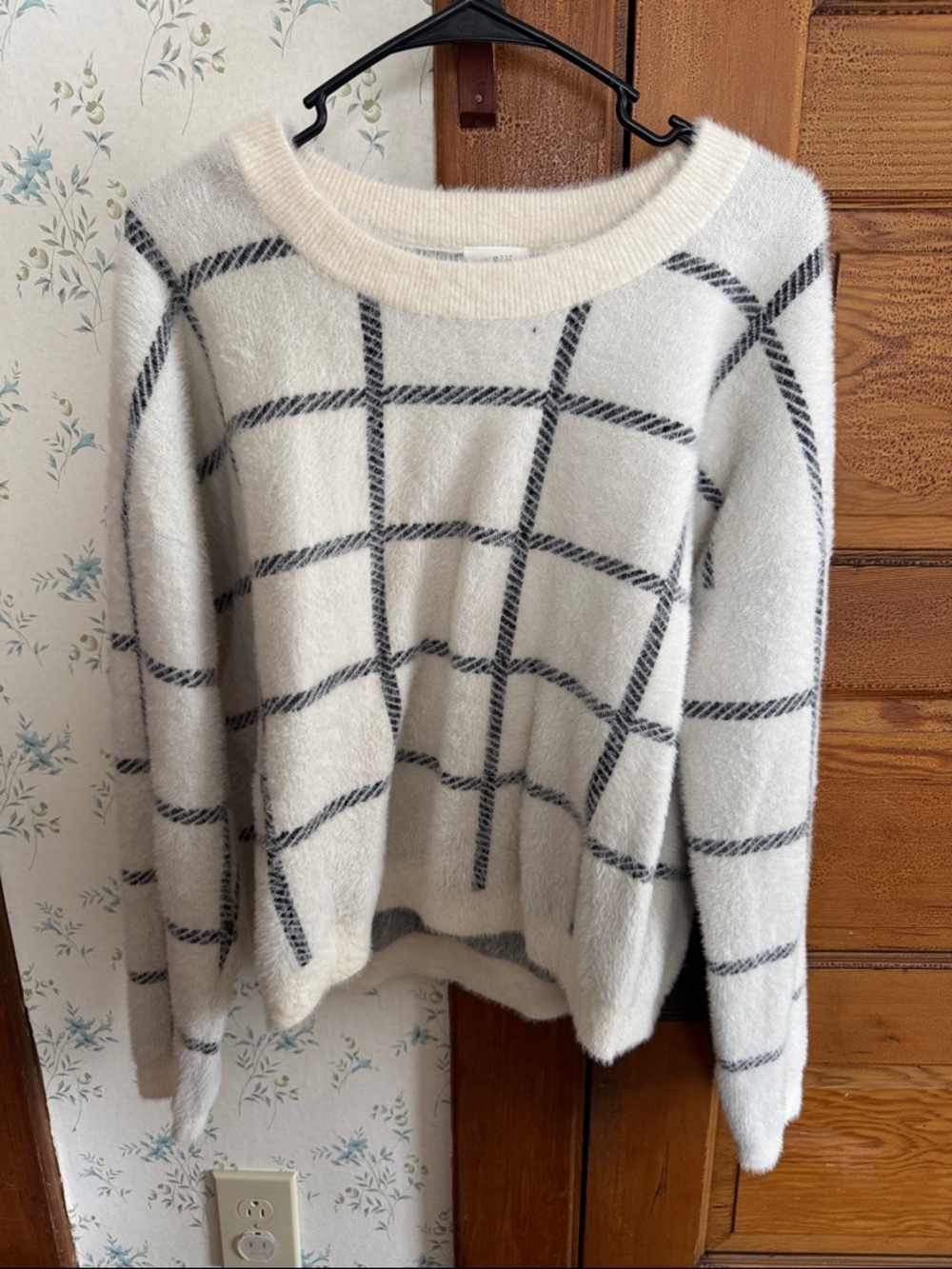 Cream Windowpane Knit Sweater - Cozy Crewneck